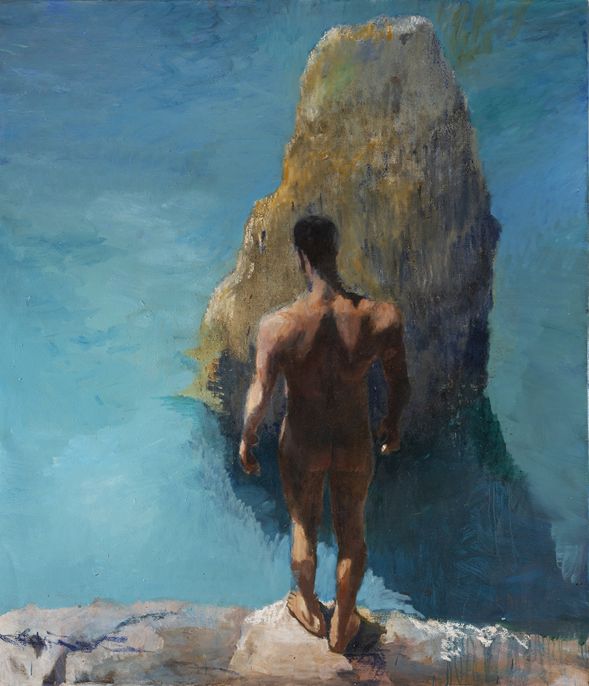 Large Painting of Man Hesitating before Jumping from Cliff